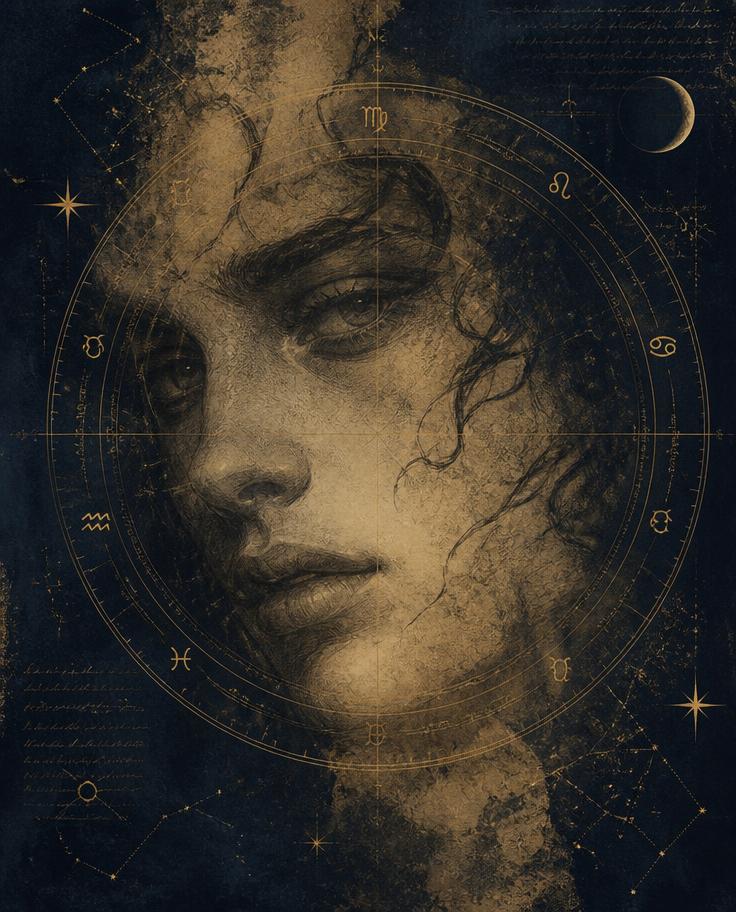Charcoal soulmate portrait sketch surrounded by an astrological birth chart wheel